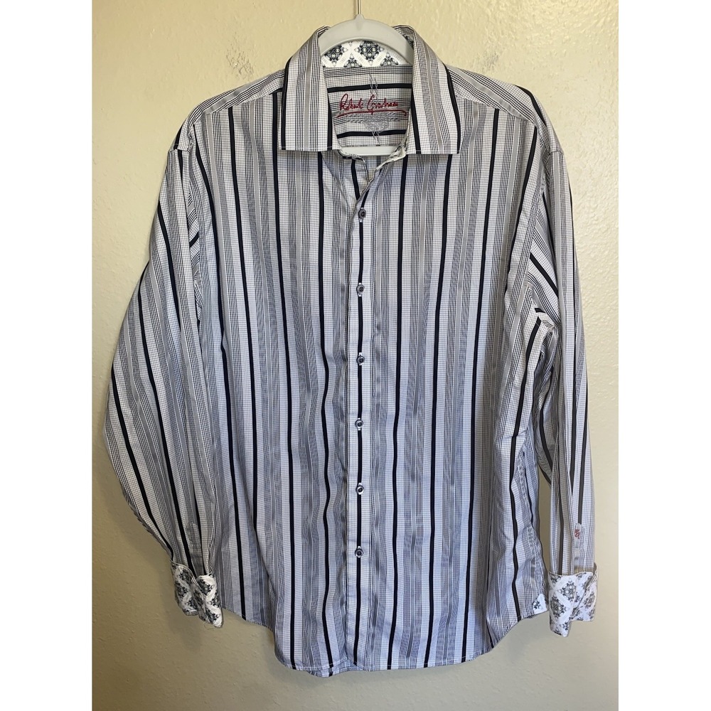Robert Graham Striped Flip Cuff Dress Shirt Mens XL Black White Preppy Luxury